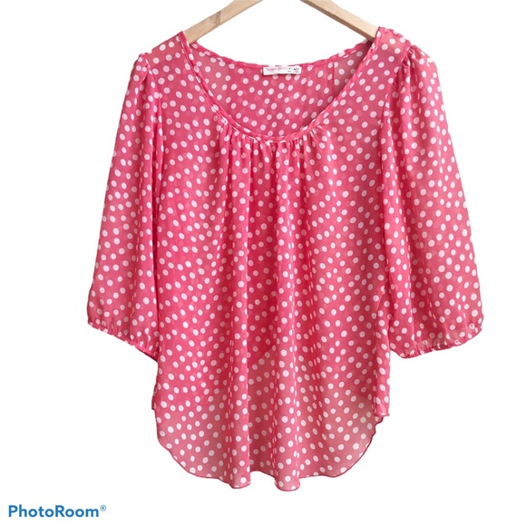 A’Gaci Pink Polka Dot Drape Back Blouse - Picture 1 of 9